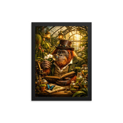 Orangutan botanist in Victorian greenhouse framed print on a plain backdrop in size 12"x16".