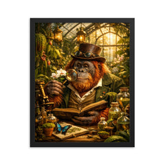 Orangutan botanist in Victorian greenhouse framed print on a plain backdrop in size 16"x20".