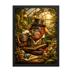 Orangutan botanist in Victorian greenhouse framed print on a plain backdrop in size 18"x24".