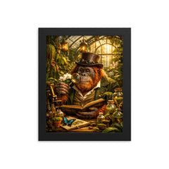 Orangutan botanist in Victorian greenhouse framed print on a plain backdrop in size 8"x10".