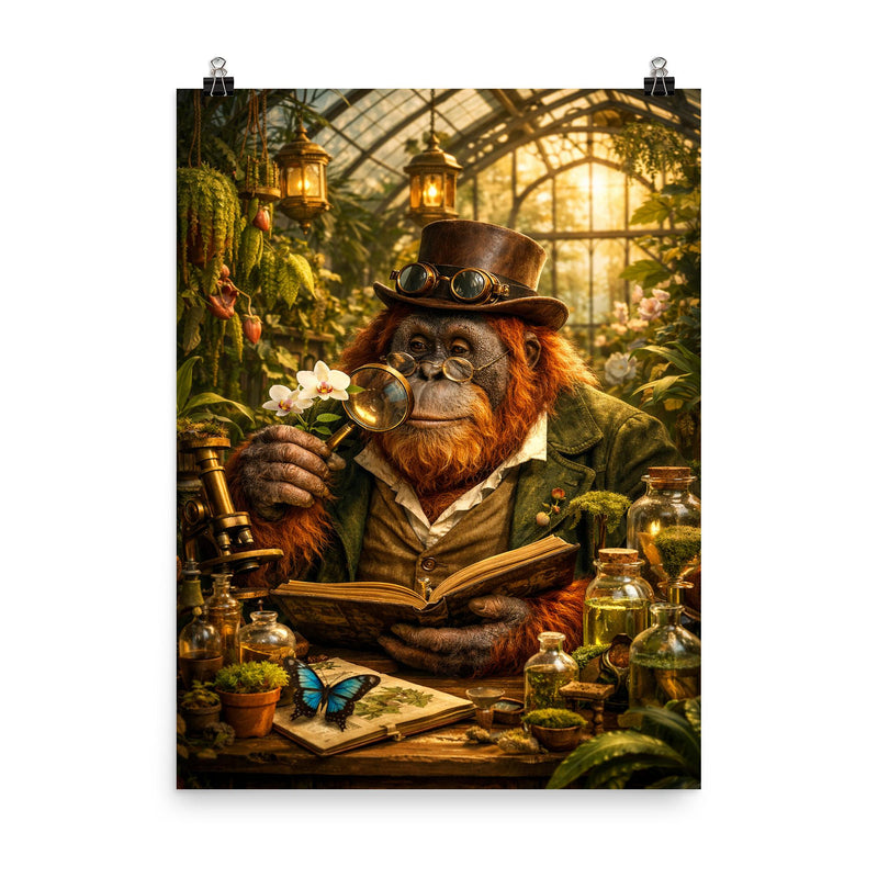 Orangutan botanist in Victorian greenhouse poster on a plain backdrop in size 8