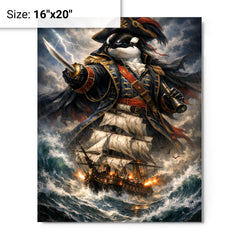 Orca admiral above storm tossed frigate metal print on a plain backdrop in size 16"x20".