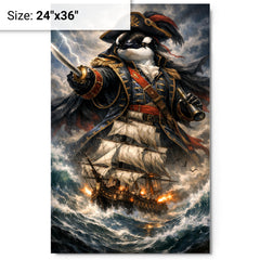 Orca admiral above storm tossed frigate metal print on a plain backdrop in size 24"x36".