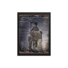 Organ Grinder on the Street with Children, c. 1848 framed print on a plain backdrop in size 12"x16".