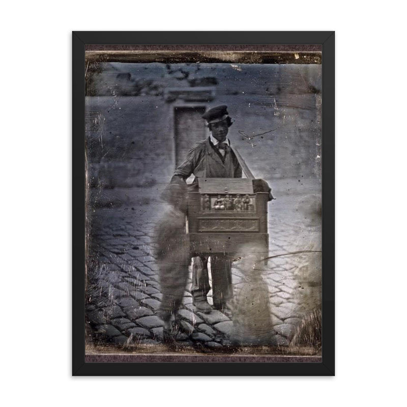 Organ Grinder on the Street with Children, c. 1848 framed print on a plain backdrop in size 18