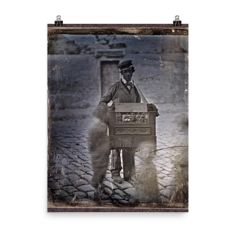 Organ Grinder on the Street with Children, c. 1848 poster on a plain backdrop in size 8