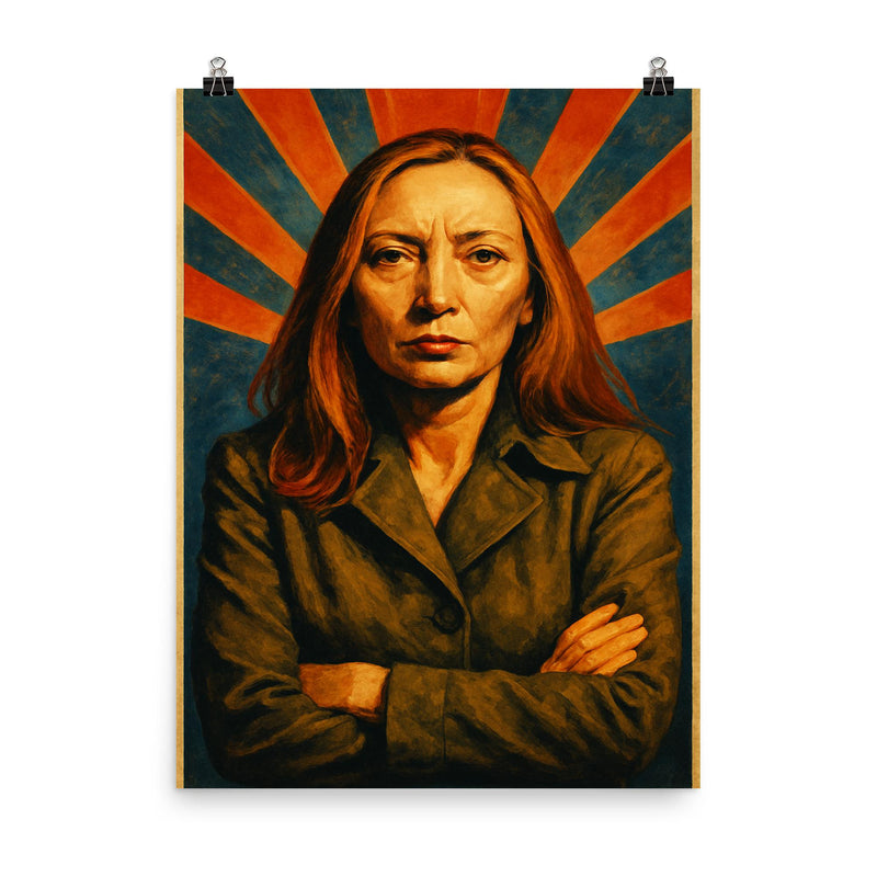Oriana Fallaci poster on a plain backdrop in size 8