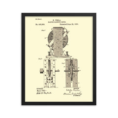 Original patent for the electro magnetic motor by Nikola Tesla framed print on a plain backdrop in size 16"x20".