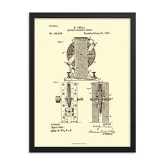 Original patent for the electro magnetic motor by Nikola Tesla framed print on a plain backdrop in size 18"x24".