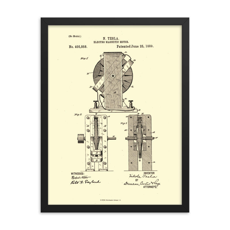 Original patent for the electro magnetic motor by Nikola Tesla framed print on a plain backdrop in size 18