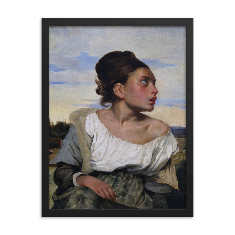 Orphan Girl at the Cemetery by Eugene Delacroix framed print on a plain backdrop in size 18