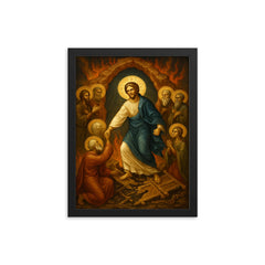 Orthodox harrowing of hell with shattered bronze gates framed print on a plain backdrop in size 12"x16".