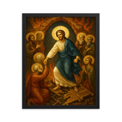 Orthodox harrowing of hell with shattered bronze gates framed print on a plain backdrop in size 16"x20".