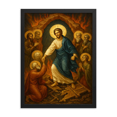 Orthodox harrowing of hell with shattered bronze gates framed print on a plain backdrop in size 18"x24".