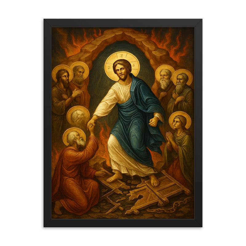 Orthodox harrowing of hell with shattered bronze gates framed print on a plain backdrop in size 18