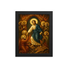Orthodox harrowing of hell with shattered bronze gates framed print on a plain backdrop in size 8"x10".