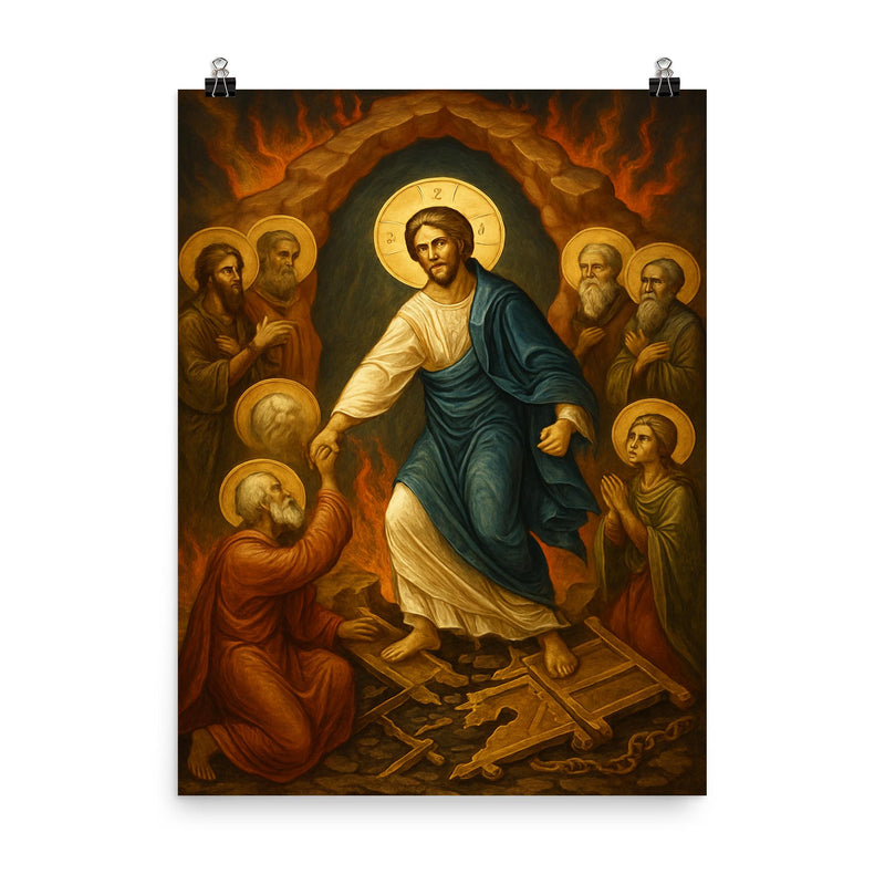 Orthodox harrowing of hell with shattered bronze gates poster on a plain backdrop in size 8
