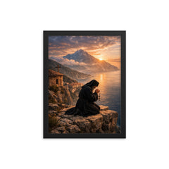 Orthodox monk on Mount Athos cliff prayer framed print on a plain backdrop in size 12"x16".