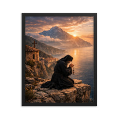 Orthodox monk on Mount Athos cliff prayer framed print on a plain backdrop in size 16"x20".