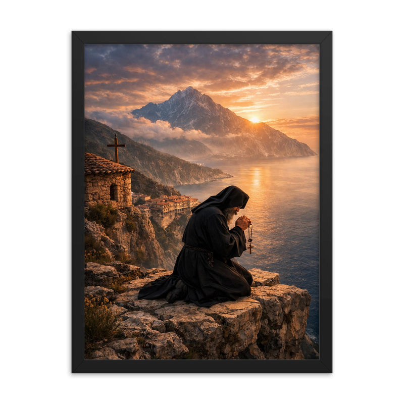 Orthodox monk on Mount Athos cliff prayer framed print on a plain backdrop in size 18