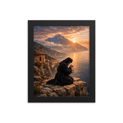 Orthodox monk on Mount Athos cliff prayer framed print on a plain backdrop in size 8"x10".