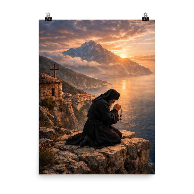 Orthodox monk on Mount Athos cliff prayer poster on a plain backdrop in size 8