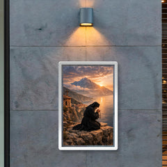 Orthodox monk on Mount Athos cliff prayer poster 2