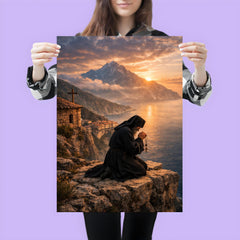 Orthodox monk on Mount Athos cliff prayer poster 3