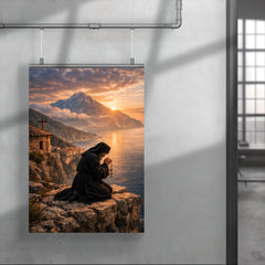 Orthodox monk on Mount Athos cliff prayer poster 4