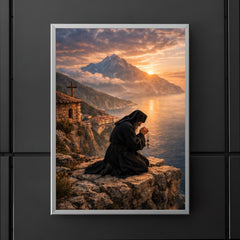 Orthodox monk on Mount Athos cliff prayer poster 5