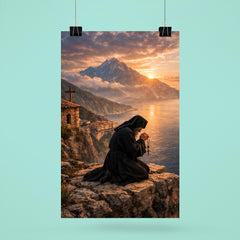 Orthodox monk on Mount Athos cliff prayer poster 6