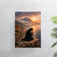 Orthodox monk on Mount Athos cliff prayer poster 7
