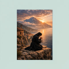 Orthodox monk on Mount Athos cliff prayer poster 8