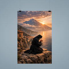 Orthodox monk on Mount Athos cliff prayer poster 9