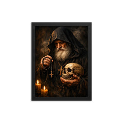 Orthodox monk with skull and prayer rope framed print on a plain backdrop in size 12"x16".