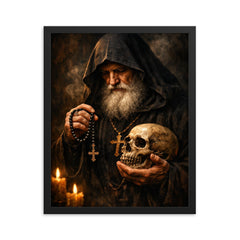 Orthodox monk with skull and prayer rope framed print on a plain backdrop in size 16"x20".