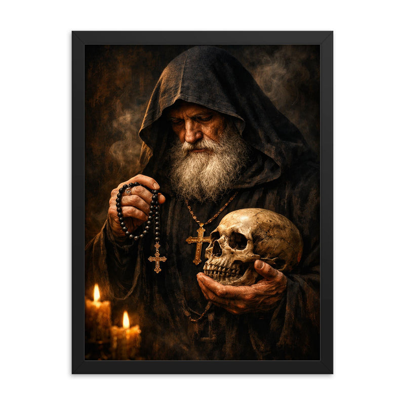 Orthodox monk with skull and prayer rope framed print on a plain backdrop in size 18