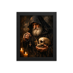 Orthodox monk with skull and prayer rope framed print on a plain backdrop in size 8"x10".