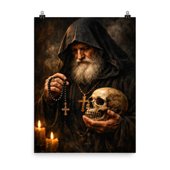 Orthodox monk with skull and prayer rope poster on a plain backdrop in size 8"x10".