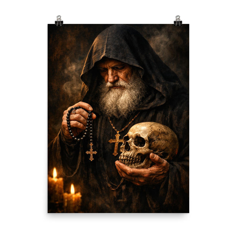 Orthodox monk with skull and prayer rope poster on a plain backdrop in size 8