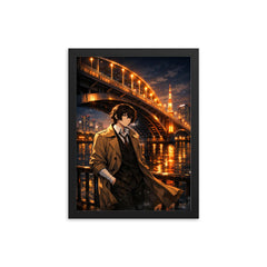 Osamu Dazai beneath Tokyo river bridge lights framed print on a plain backdrop in size 12"x16".