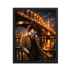 Osamu Dazai beneath Tokyo river bridge lights framed print on a plain backdrop in size 16"x20".