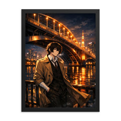 Osamu Dazai beneath Tokyo river bridge lights framed print on a plain backdrop in size 18"x24".