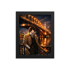 Osamu Dazai beneath Tokyo river bridge lights framed print on a plain backdrop in size 8"x10".
