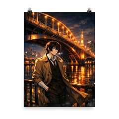 Osamu Dazai beneath Tokyo river bridge lights poster on a plain backdrop in size 8"x10".