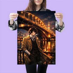 Osamu Dazai beneath Tokyo river bridge lights poster 3