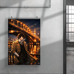 Osamu Dazai beneath Tokyo river bridge lights poster 4