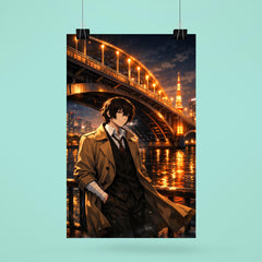 Osamu Dazai beneath Tokyo river bridge lights poster 6