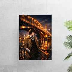 Osamu Dazai beneath Tokyo river bridge lights poster 7