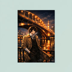 Osamu Dazai beneath Tokyo river bridge lights poster 8